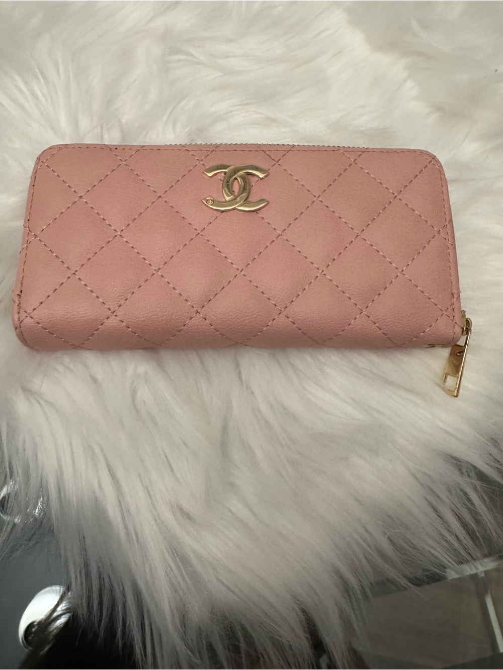 Quilted Zip-Around Wallet in Light Pink with Gold Hardware